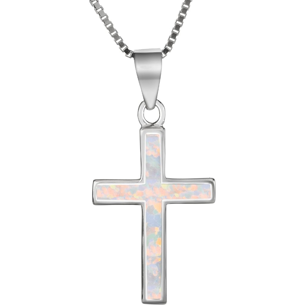Sterling Silver Opal Cross Pendant Necklace 18-Inch Box Chain Gift For Women